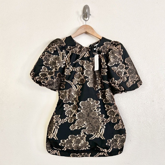 CHARLOTTE BRODY Snow Drop Silk Puff Sleeve Top in Golden Blossom Fil Coupe Black - Picture 5 of 12